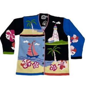 Storybook Knits Sweater Cardigan Womens Size L Lighthouse Floral Nautical Boat